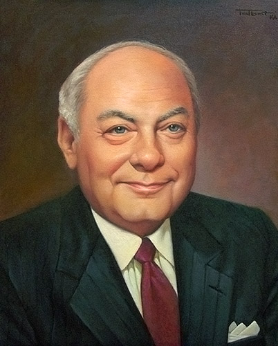 A photograph of an oil painting depicting a smiling older man in a pinstripe suit with silver hair